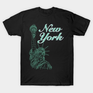 New York with Statue Of Liberty in a green line drawing design #2 T-Shirt